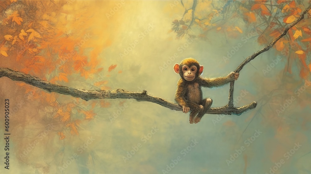 Poster a curious monkey swinging from branch to branch. ai generated