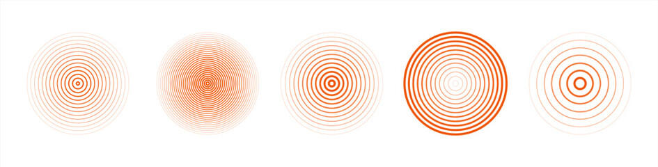 Red concentric ripple circles set. Sonar or sound wave rings collection. Epicentre, target, radar icon concept. Radial signal or vibration elements. Vector 10 eps. - obrazy, fototapety, plakaty