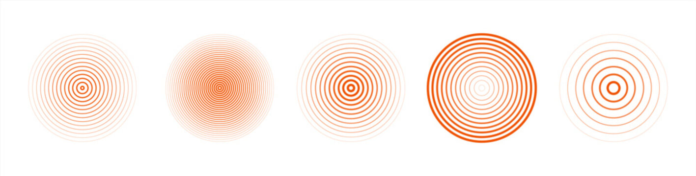 Red concentric ripple circles set. Sonar or sound wave rings collection. Epicentre, target, radar icon concept. Radial signal or vibration elements. Vector 10 eps.