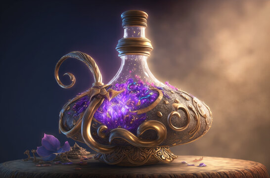 Magical flask with elixir potion of immortality in the shape of the magic lamp