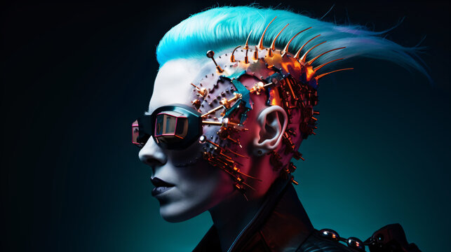 portrait of a crazy punk robot with glasses and mohawk long haircuts, fictional person created with generative ai 