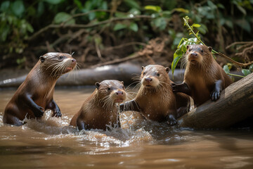Obraz premium Cute playful seal swimming in blue water. A family of otters playing in a river. Giant river otter in the nature habitat. 3D realistic illustration. Generative AI