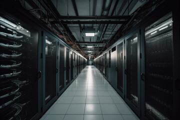 Artificial intelligence processing center. Corridor in the data center between the server cabinets. Ai generated.