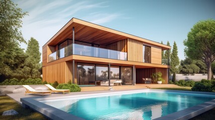 Fototapeta premium Backyard of a modern country house with a swimming pool. House outside the city. Space for text Generative AI