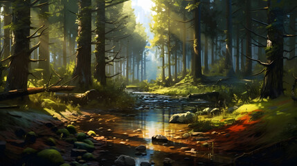 Obraz premium mysterious forest in the morning with trees mist and fog