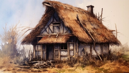 Fototapeta na wymiar Watercolour illustration of an old rustic wooden & straw house. Greeting cards or envelopes project for printing.