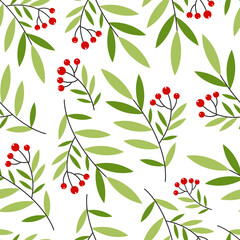 Vector floral seamless pattern design. cute pattern with plants and red berries. Digital paper design.