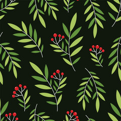 Vector floral seamless pattern design. cute pattern with plants and red berries. Digital paper design.