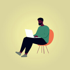 focused man working on his laptop, vector illustration