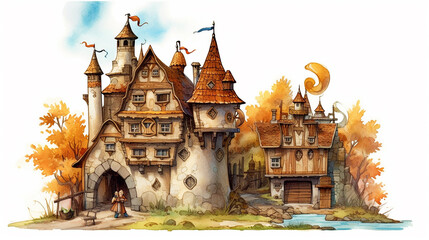 Watercolour fantasy illustration of an old medieval castle. Greeting cards or envelopes project print.