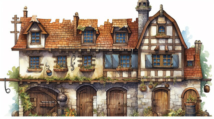 Watercolour illustration of an old rustic wooden  & clay house. Greeting card or envelope project print.