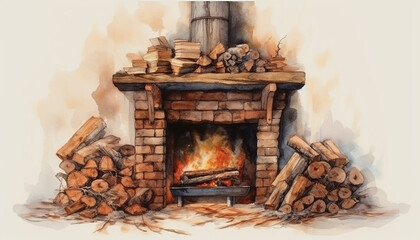 Watercolour illustration of a vintage, medieval stone fireplace in a rustic cottage home. Project for postcards and envelopes. No 4.