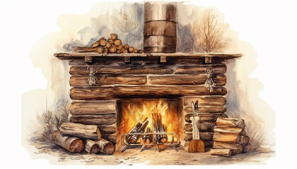Watercolour illustration of a vintage, medieval stone fireplace in a rustic cottage home. Project for postcards and envelopes. No 3.