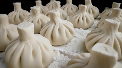 A man makes khinkali for his family close-up. National cuisine, the concept of the cooking process. Khinkali in the kitchen.