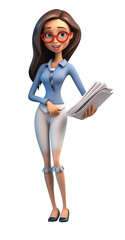 3D cartoon figure of a woman with papers in her hand, economy, image suitable for banners or information graphics or website, image generated by Ai