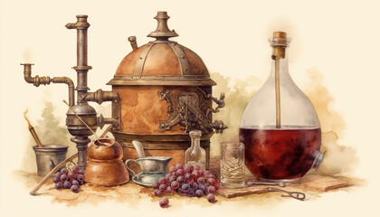Watercolour illustration of a rustic vintage wine brewing composition. Greeting cards or envelopes project no 3.