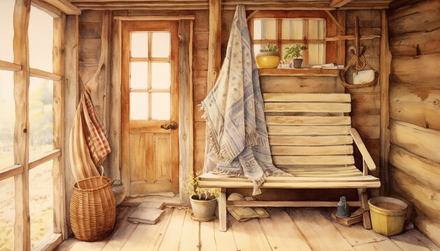 Watercolour Vintage Illustrations Of A Tiny Rustic House Front Porch. Shepherds Hut. Greeting Cards And Envelopes Project.