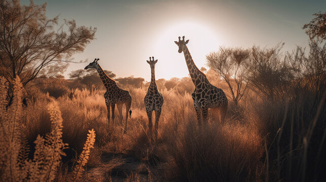Capture the essence of community and protection as multiple giraffes gather together, their collective vigilance and watchful eyes ensuring the safety and well-being of the group.