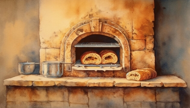 Watercolour illustration of a vintage, medieval clay stove for cooking in the rustic home. Project for postcards and envelopes. No 1.