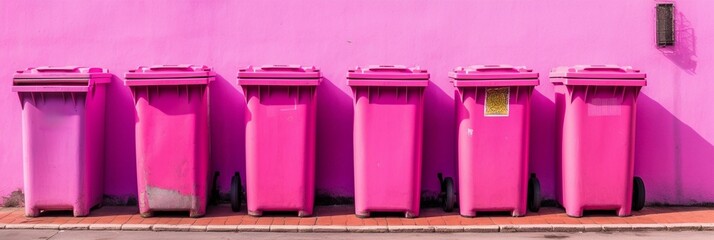 Row of pink trash bins, dumpsters, lined up against a pink wall (generative ai)