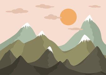Vector simple mountain landscape with orange sun