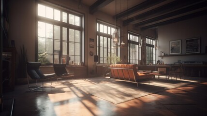 Modern European living room made of natural materials, calm colors, beautiful view from the window, wooden furniture Generative AI