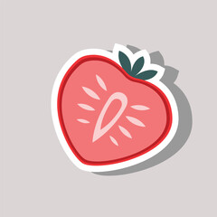 Cute vector strawberry. Sliced strawberry sticker isolated. Juicy fruit icon