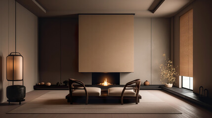 Japanese-style living room with fireplace and lantern. Japanese style room interior. Luxury zen style living room. 3D realistic illustration. Generative AI
