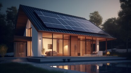 Photo collage of solar panels, photovoltaics on the red roof of a house and a beautiful sky with the setting sun. Alternative electricity source. Concept of sustainable resources Generative AI