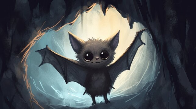 A cute bat hanging upside down in a cave. AI generated