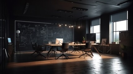 Modern office, high-tech design, computers on the tables, evening light. Generative AI