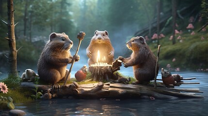 A family of beavers building a dam. AI generated - obrazy, fototapety, plakaty