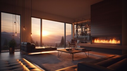 Large living room with stunning sunset views and large glass windows in a new luxury home Generative AI