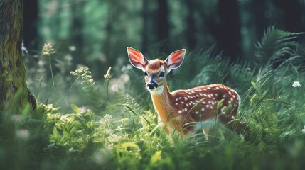 A fawn nibbling on grass in a forest. AI generated