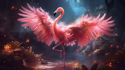 A fearless flamingo with fairy wings. AI generated