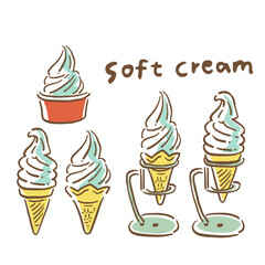 ゆるい手描き風のソフトクリームのイラストセット