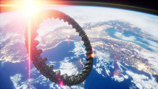 Highly detailed huge spaceship approaching to the Earth