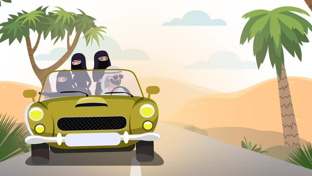 An Arab guy. Many wives. Journey. Desert. Color background.