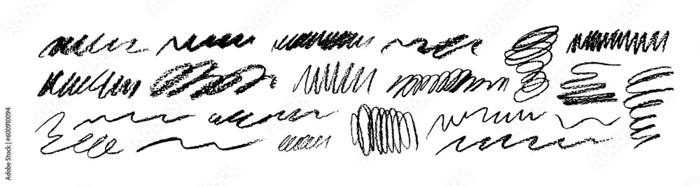 Poster scribble charcoal strokes vector set. charcoal pencil curly lines and squiggles, swirls and spirals.