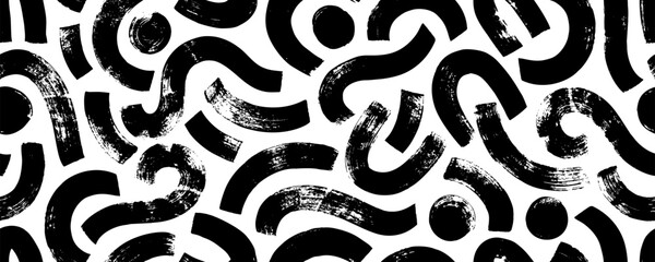 Bold curved lines doodle seamless pattern. Hand drawn organic shapes and thick wavy lines background. Vector geometric textile print. Black paint freehand scribbles, bold dots and circles.