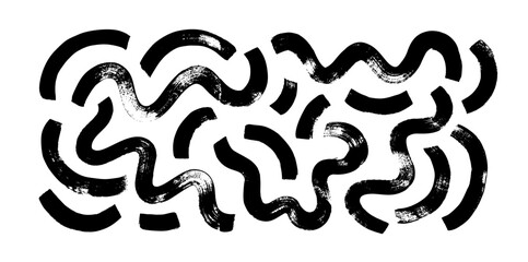 Black paint curly brush strokes with curved dashes. Chaotic squiggles with decorative texture. Vector bold brush strokes, wavy thick lines. Japanese calligraphy smears. Hand drawn curved grunge lines.