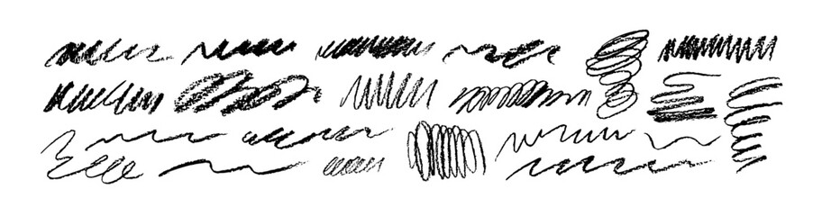 Scribble charcoal strokes vector set. Charcoal pencil curly lines and squiggles, swirls and spirals. Black pencil sketches, grunge style drawing. Scrawls and scratches texture. Graphite crayon lines.