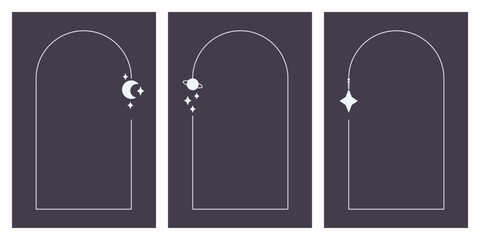 Zestaw trzech prostych ramek wektorowych w minimalistycznym stylu. Każda z ramek przedstawia inny motyw: planetę, księżyc oraz gwiazdę. Idealne dla osób ceniących prostotę i elegancję.