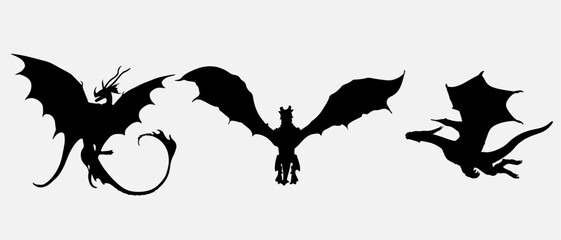 isolated black silhouette of a dragon , vector collection