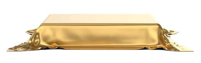 Golden fabric over a podium for product presentation isolated on transparent background