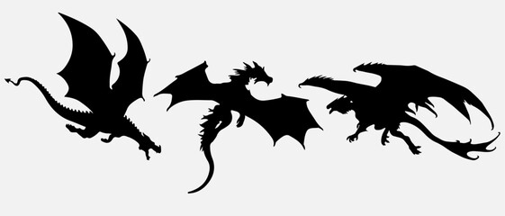 isolated black silhouette of a dragon , vector collection