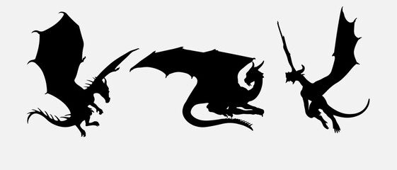 isolated black silhouette of a dragon , vector collection