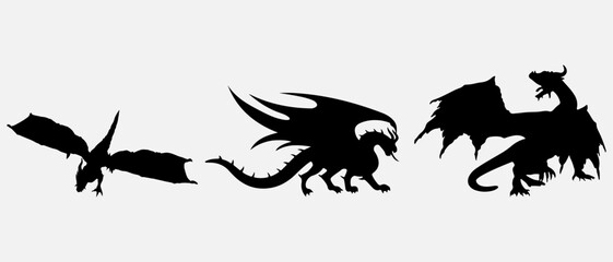 isolated black silhouette of a dragon , vector collection