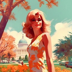 Obraz na płótnie Canvas Retro Theme Illustration of Girl, walking, old, summer Vacation, beach , palm trees, Camper Van (Generative AI)