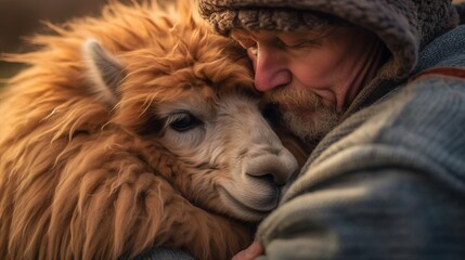 A friendly alpaca snuggling with its owner. AI generated